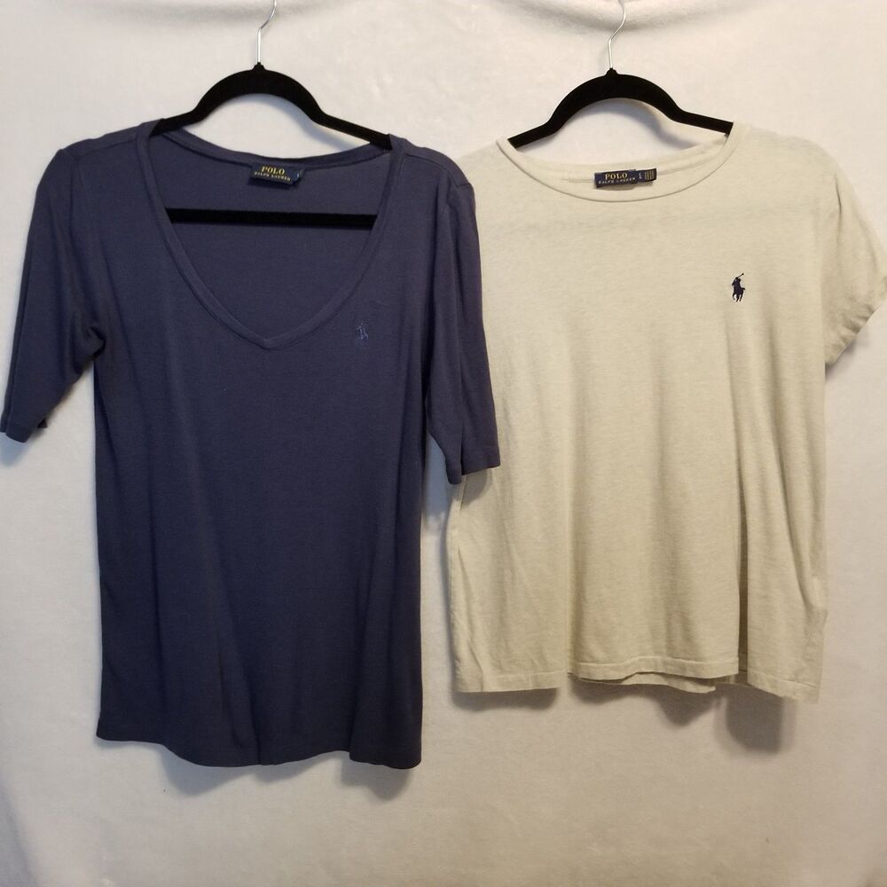 Polo Ralph Lauren L Lot Of 2 T-Shirts Navy V Neck Beige Babydoll Cotton Preppy